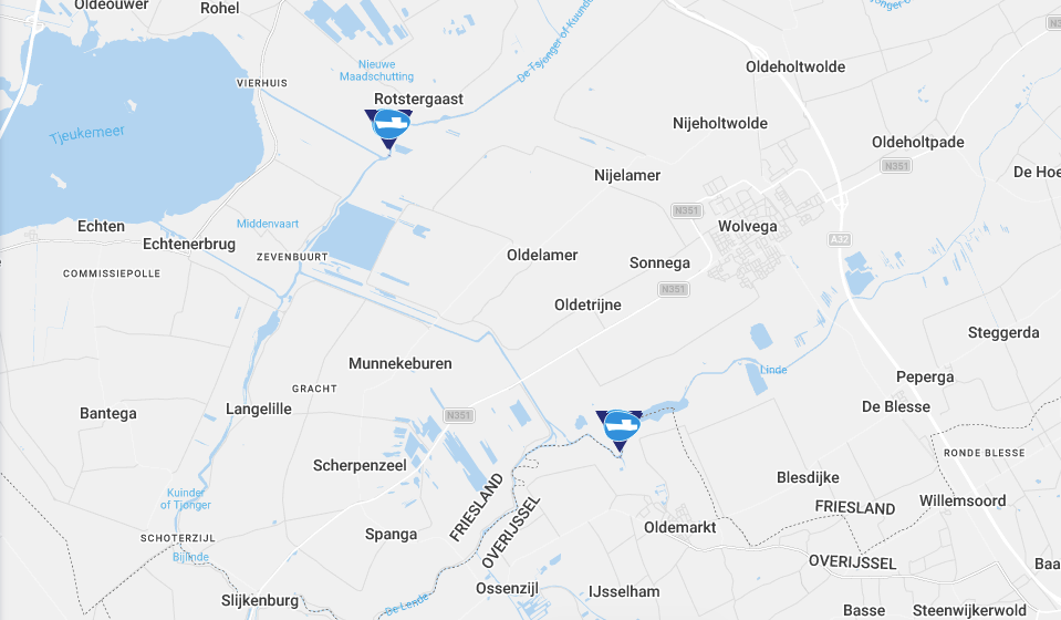 Plattegrond van veerponten in de streek met bovenin de veerpont tussen Rotstergaast en Oldelamer (afbeelding: Veerpont.nl).