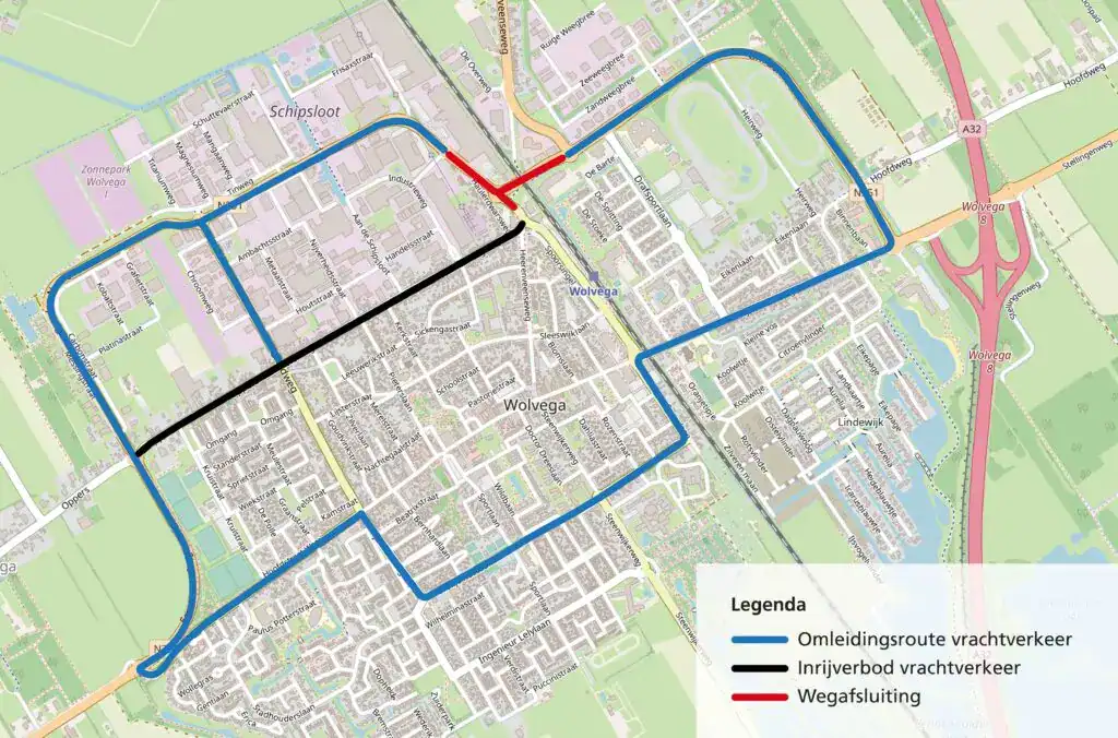 De wegafsluiting en omleidingsroutes (beeld: Gemeente Weststellingwerf).