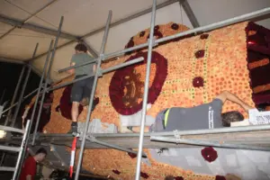 Er wordt flink gewerkt om alle bloemen op tijd op de wagens te hebben (foto: Miranda Stuurman)